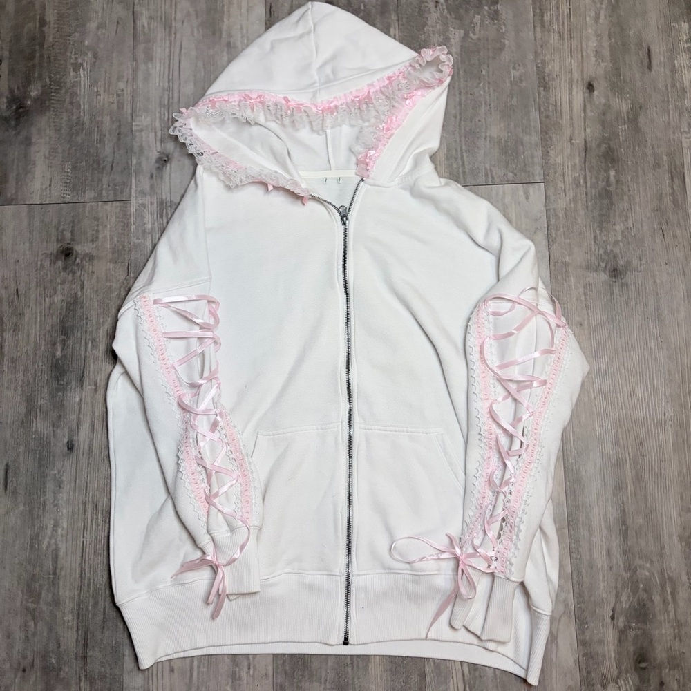 Upcycled lace + ribbon hoodie